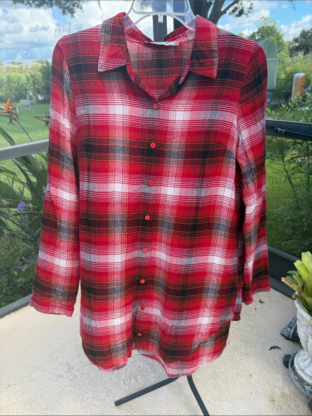 Chloe K Red and White Plaid Button-Down Shirt